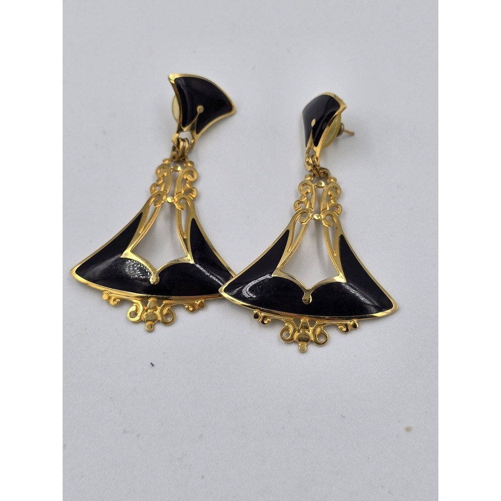 Vintage Edgar Berébi Black Enamel Gold Tone Dangle Earrings Art Deco Style - Picture 2 of 8